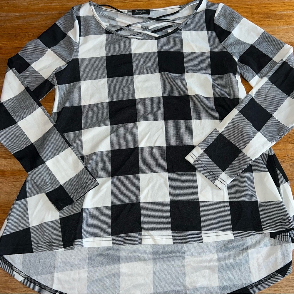 Blooming Jelly Women Large Black White Plaid Long Sleeve Criscross Neck‎ Top